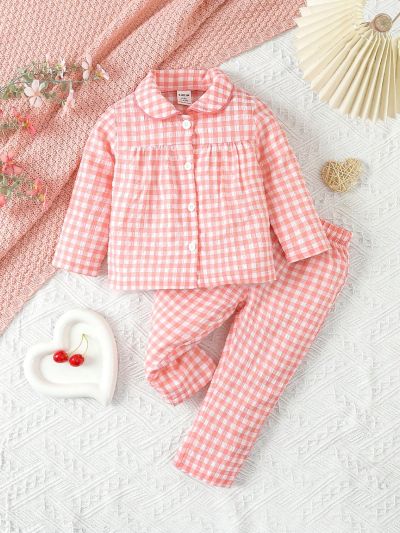 Baby Girls' Pink Checkered Crinkled Collar Set, Long Pants And Long Sleeve Shirt, 2pcs Homewear