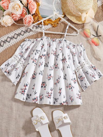 Teen Girl's Elegant Lace Trimmed Floral Print Shirt With Spaghetti Straps And Cold Shoulder Design