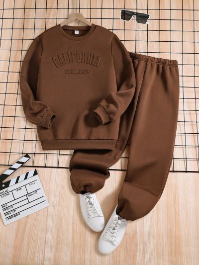 Emboosed Letter Sweatshirt And Sweatpant Set