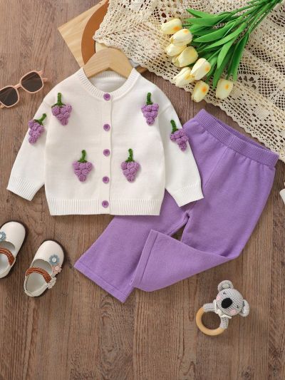 Infant Knitted Grape Pattern Sweater And Pants Set, Long Sleeve
