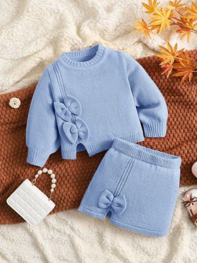 SHEIN 2pcs/set Infant Girls' Cute Bowknot Knitted Sweater Outfit