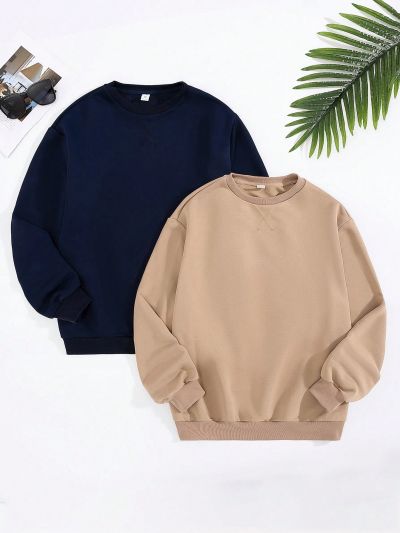 SHEIN Male Teenagers Casual And Comfortable Solid Color Round Neck Sweatshirt