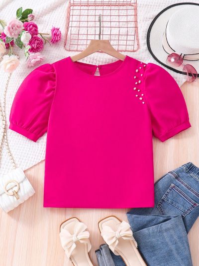 Teenage Girls' Short Puff Sleeve Round Neck Blouse
