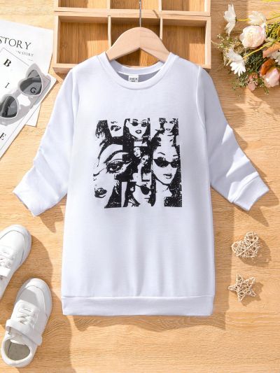 Girls' Round Neck Sweatshirt With Portrait Printing
