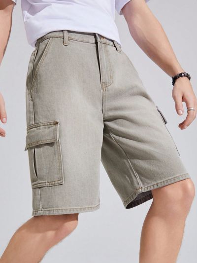 SHEIN Teen Boys' Gray Workwear Style Washed Denim Shorts With Pockets