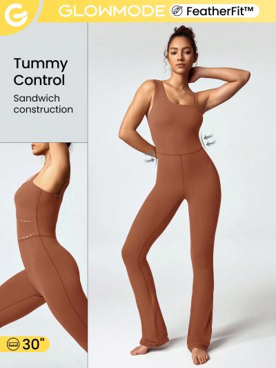 GLOWMODE 30" FeatherFit™ Asymmetrical Double Shoulder Strap Tummy Control Flared Jumpsuit Light Support Low Impact Yoga Studio