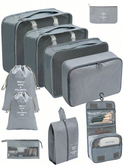 10pcs/set Polyester Travel Toiletry Bag, Modern  Portable Makeup Organizer For Travel