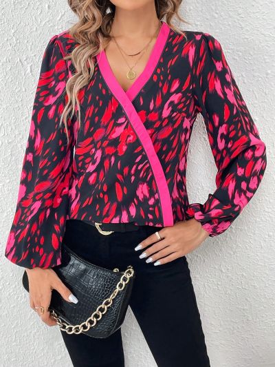Printed Lantern Sleeve Wrap Blouse