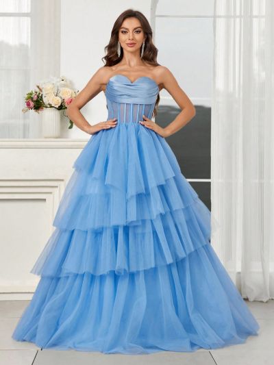 SHEIN Belle Strapless Dress With Mesh Splice Satin Surface And Multi-Layer Irregular Mesh Puffy Hem, Sheer On Top For Evening Party (Heavy Model)