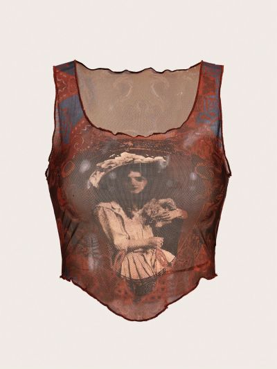 SHEIN CURVE+ Women's Plus Size Character Printed Pleated Asymmetrical Hem Tank Top