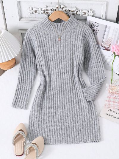 Tween Girls' Spring & Autumn Solid Color Rib Knit Sweater Dress