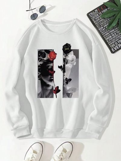Men's Oversized Fleece Rose Printed Drop Shoulder Sweatshirt