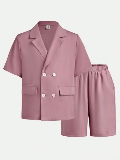 SHEIN Kids FANZEY Tween Boys' Slim Fit Short Sleeve Suit With Shorts, Gentleman Style Outfit Set