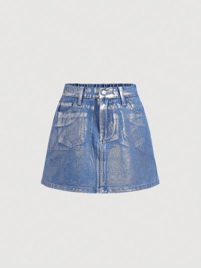 SHEIN Tween Girls' Metallic New Trendy College Style Casual Denim Skirt