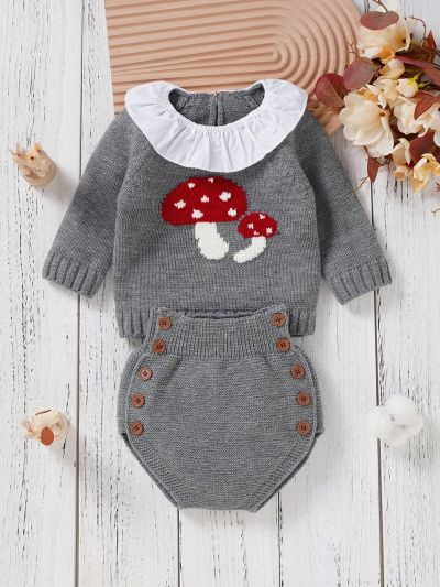 Baby Girls' Mushroom Pattern Color Block Sweater With Floral Edge