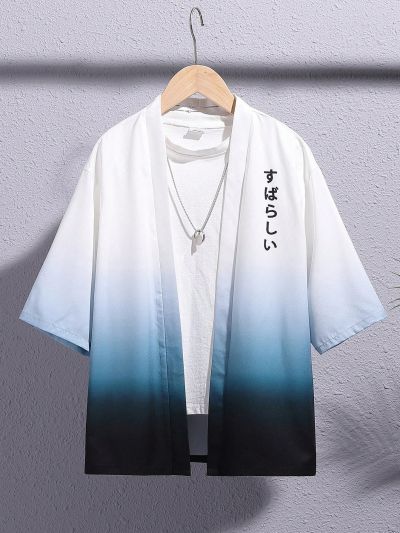 SHEIN Kids EVRYDAY Boys' Casual Holiday Gradient Printed Pattern Open-Front Loose Woven Shirt