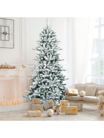 Gymax 7FT Snow Flocked Christmas Tree Hinged Fir Tree w/ Pine Cones Metal Stand