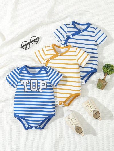 Baby Boy Comfy & Casual Striped Jumpsuit Set For Summer Vacation, 3pcs