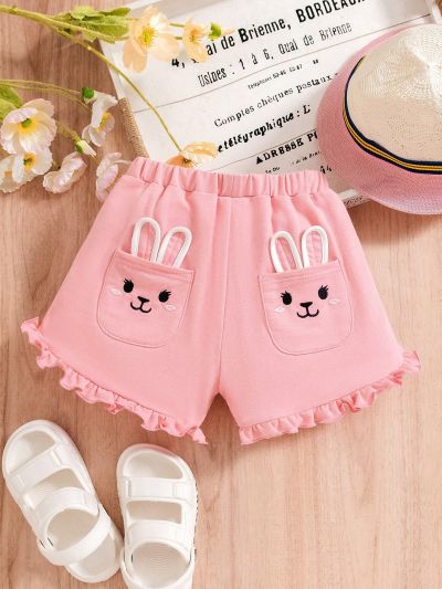 SHEIN Kids QTFun Young Girls' Bunny Pattern Patch Pocket Embroidery Ruffle Hem Shorts