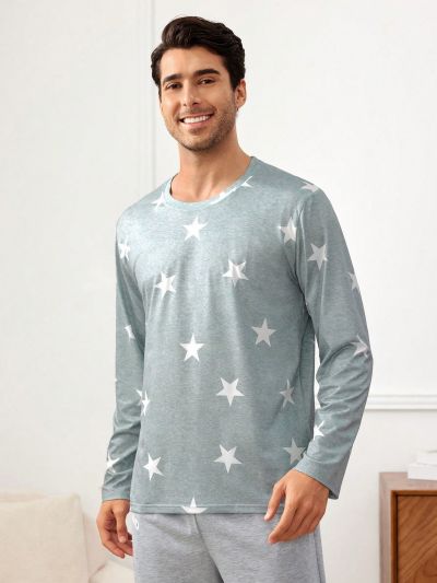 Men'S Five-Pointed Star Print Long Sleeve Homewear Top