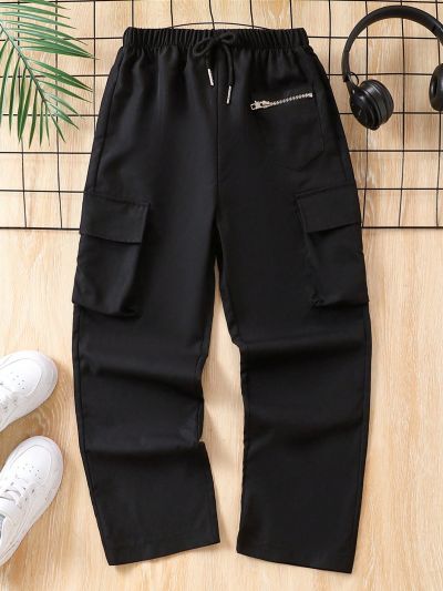 SHEIN Tween Boys' Zipper Closure Multi Pocket Waist Drawstring Pants