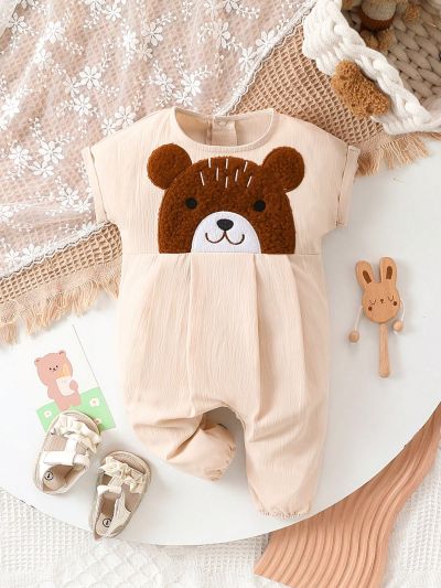 Baby Girl Casual Cute Bear Embroidered Short Sleeve Jumpsuit For Summer