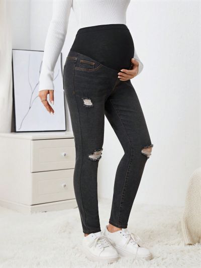 SHEIN Maternity Women's Fashionable Deep Grey Skinny Denim Jean With High Elasticity Waistband, Knit Panel And Ripped Detail