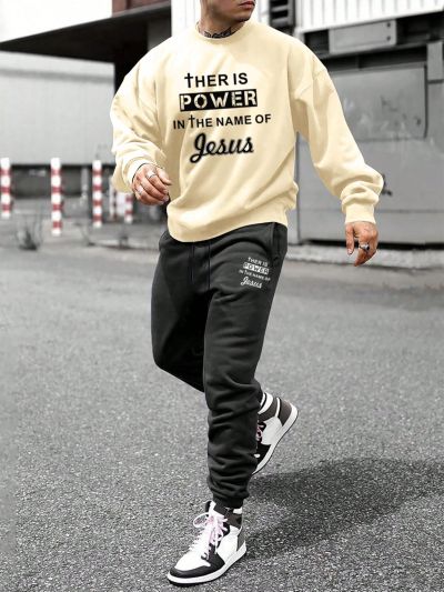 Extended Sizes Men's Plus Size Sweatshirt And Jogger Pants Set, With Slogan Printing And Drop Shoulder