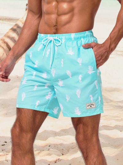 Manfinity Men's Coral Printed Drawstring Elastic Waist Beach Shorts