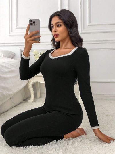 Contrast Trim Thermal Underwear Set
