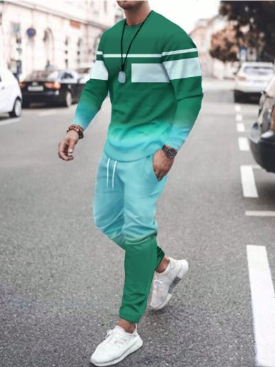 Men'S Striped Color Blocking Gradient Two Piece Set