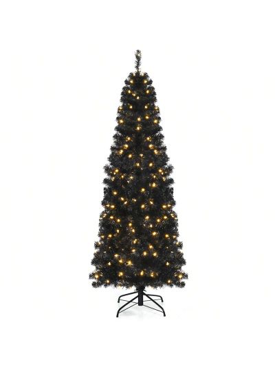 Gymax 6/7 FT Pre-lit Black Christmas Tree Artificial PVC Slim Pencil Halloween Tree