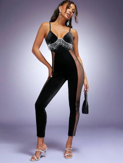 Andante USA Rhinestone Detail Mesh Insert Cami Unitard Jumpsuit