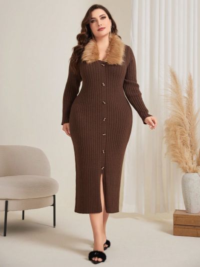 SHEIN Modely Plus Size Sweater Dress With Fur Collar And Button Placket