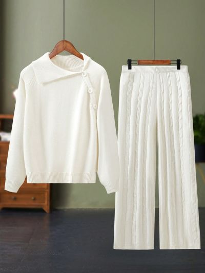 Plus-size Solid Color Drop-shoulder Sweater And Flower Twisted Knitted Pants Set