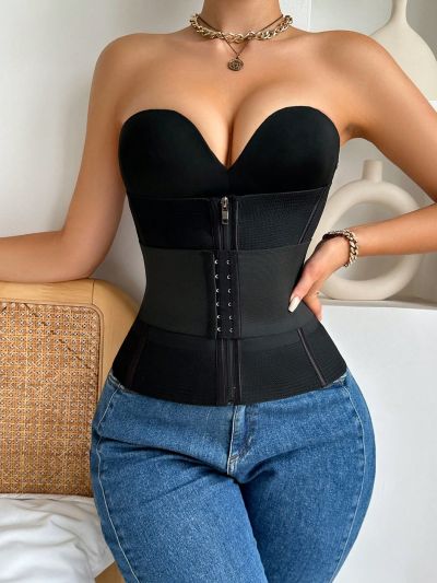 Solid Color Front Zipper & Hook Eye Waist Trainer