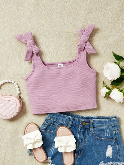 SHEIN Kids EVRYDAY Tween Girls' Knit Texture Bowknot Design Casual Tank Top