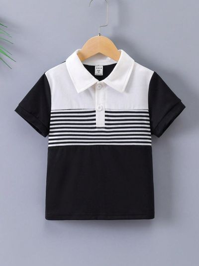 SHEIN Toddler Boys' Striped Patchwork Polo Shirt