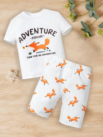 SHEIN Toddler Boys' 2pcs Tight & Casual Cartoon Animal Printed Homewear Set