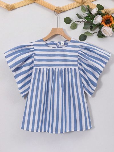 SHEIN Teenage Girls' Woven Striped Ruffle Sleeve Casual Blouse