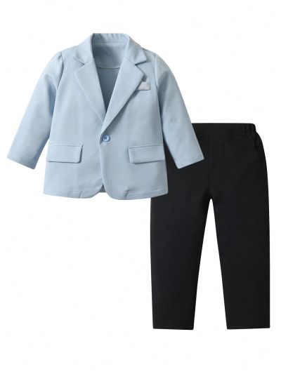 2pcs/Set Toddler Boys' Light Blue Suit Jacket And Pants Set For Holiday Party