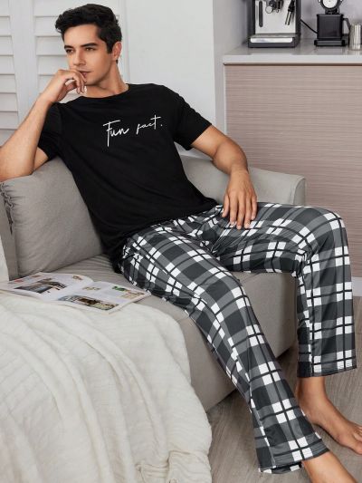 Men's Letter Pattern Printed Short Sleeve Shirt & Checked Pants Set