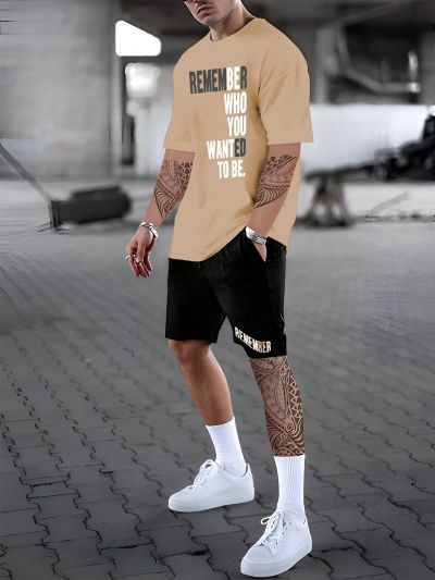 Manfinity 2pcs/Set Men'S Plus Size Letter Printed Short Sleeve T-Shirt