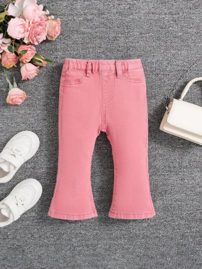 SHEIN Baby Girl's Elastic Waist Comfortable High-Waisted High-Stretch Water-Washed Soft Pink Cute Jeans Flare Pants