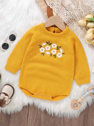 Infant Girls' Flower Patterned Romper Jumpsuit With Sweater