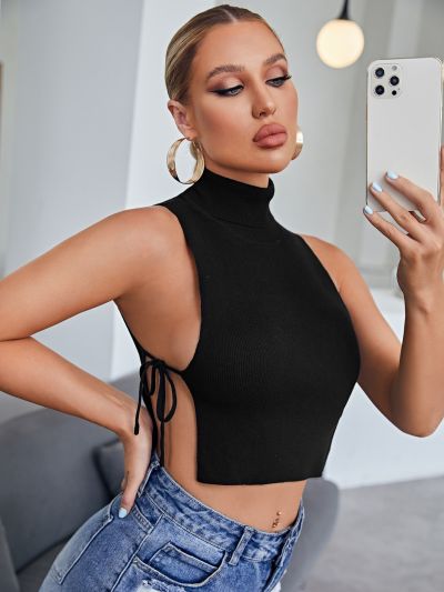 SHEIN Mock Neck Knot Side Knit Top
