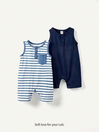 Cozy Cub Baby Boy Blue & White Striped Solid Color Round Neck Sleeveless Romper Set