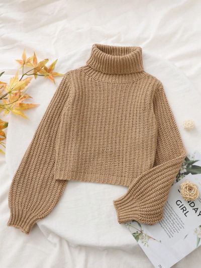 Teen Girls Turtleneck Lantern Sleeve Pullover Sweater