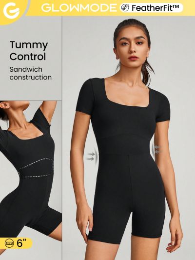 GLOWMODE 6" FeatherFit™ Tummy Control Square Neck U Back Romper Jumpsuit Light Support Low Impact Yoga Studio