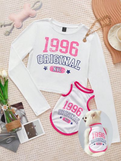 PETSIN 1pc Unisex Pink & White Color Pet 1996 Print Vest For Cats And Dogs